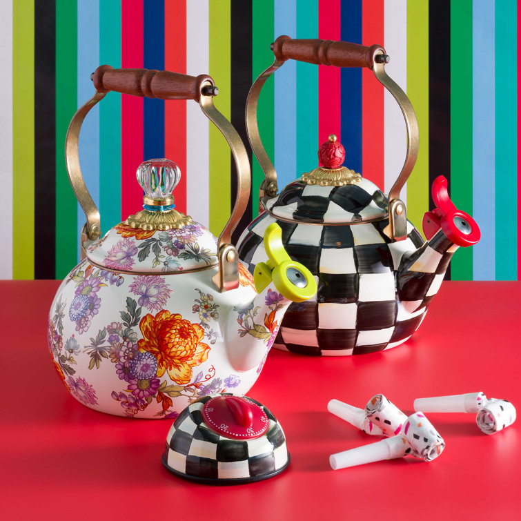 Black and White Checkered Enamel Whistling Tea Kettle with Wood Handle