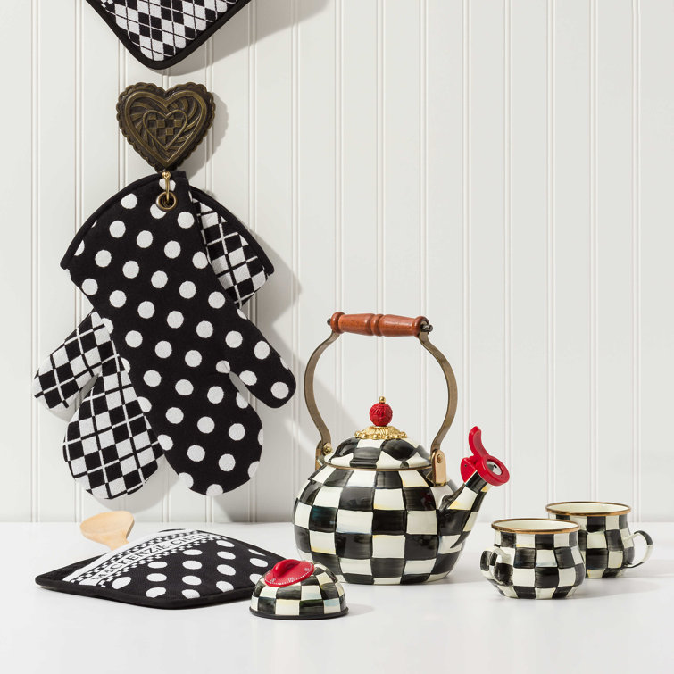 Black and White Checkered Enamel Whistling Tea Kettle with Wood Handle