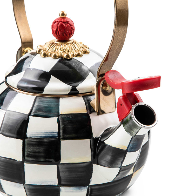 Black and White Checkered Enamel Whistling Tea Kettle with Wood Handle
