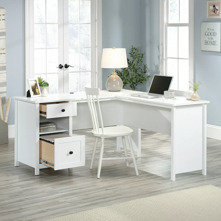 Soft White L-Shaped Executive Desk with Drawer and Filing Cabinet