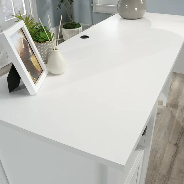 Soft White L-Shaped Executive Desk with Drawer and Filing Cabinet