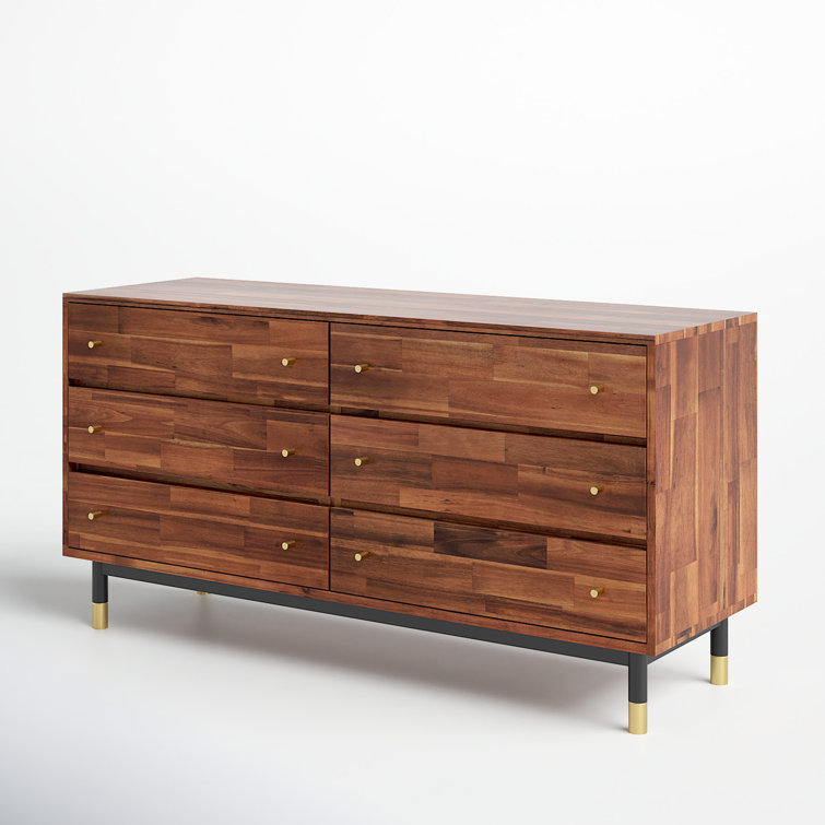 Dakota Mid-Century Solid Acacia Wood 6-Drawer Dresser with Gold Accents