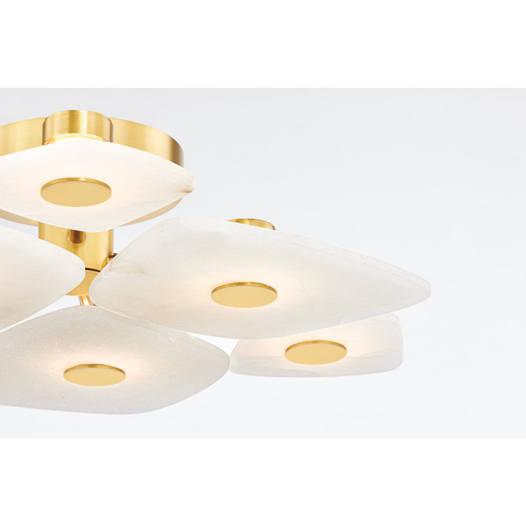 Aged Brass 6-Light LED Semi-Flush Mount with Alabaster Shades