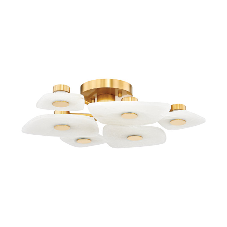 Aged Brass 6-Light LED Semi-Flush Mount with Alabaster Shades