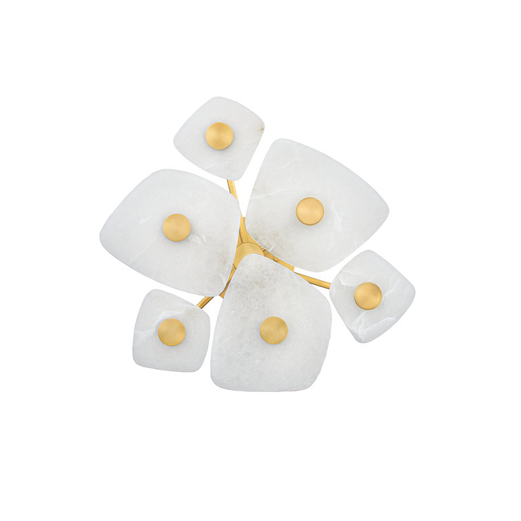 Aged Brass 6-Light LED Semi-Flush Mount with Alabaster Shades