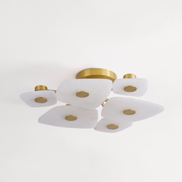Aged Brass 6-Light LED Semi-Flush Mount with Alabaster Shades