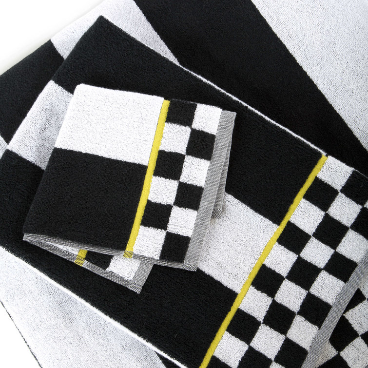 Black and White Cotton Hand Towel with Chartreuse Trim
