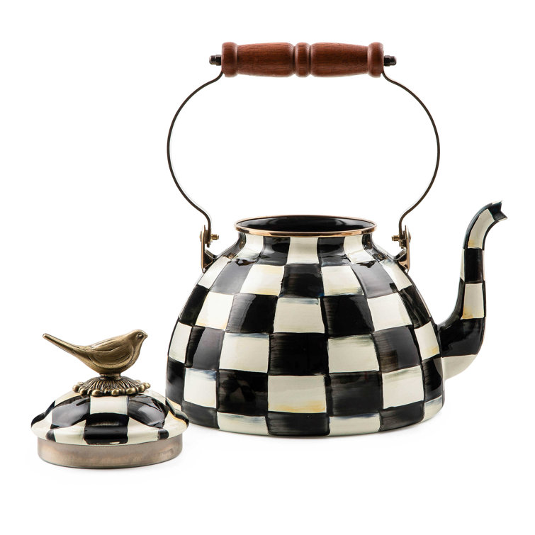 Courtly Check Enamel 3 Quart Whistling Tea Kettle with Bird Knob