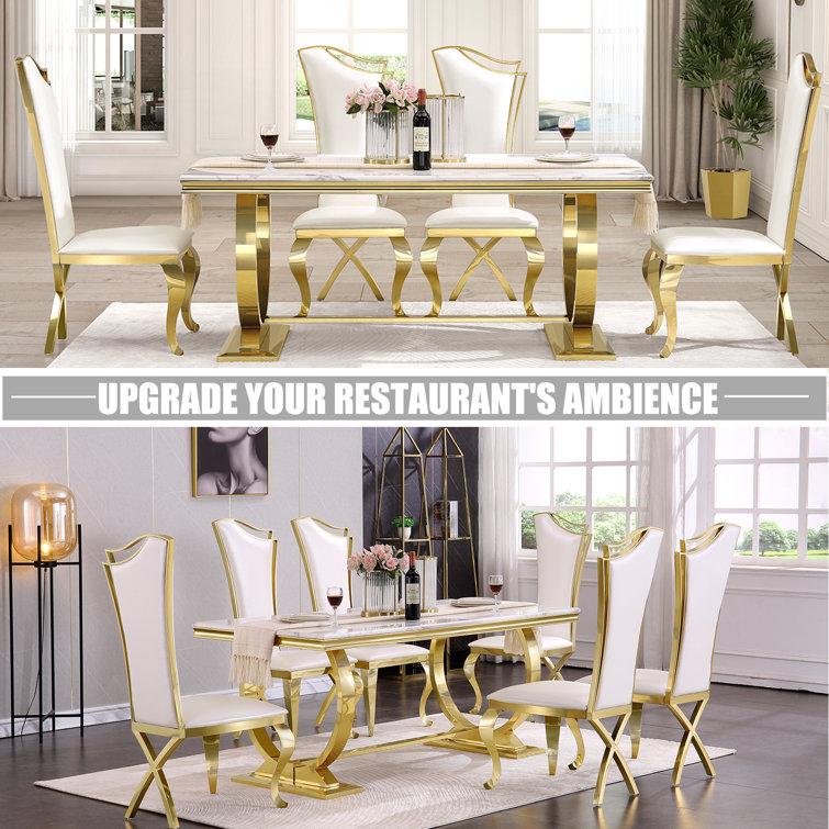 White Faux Leather and Gold Metal Parsons Dining Chairs Set of 6