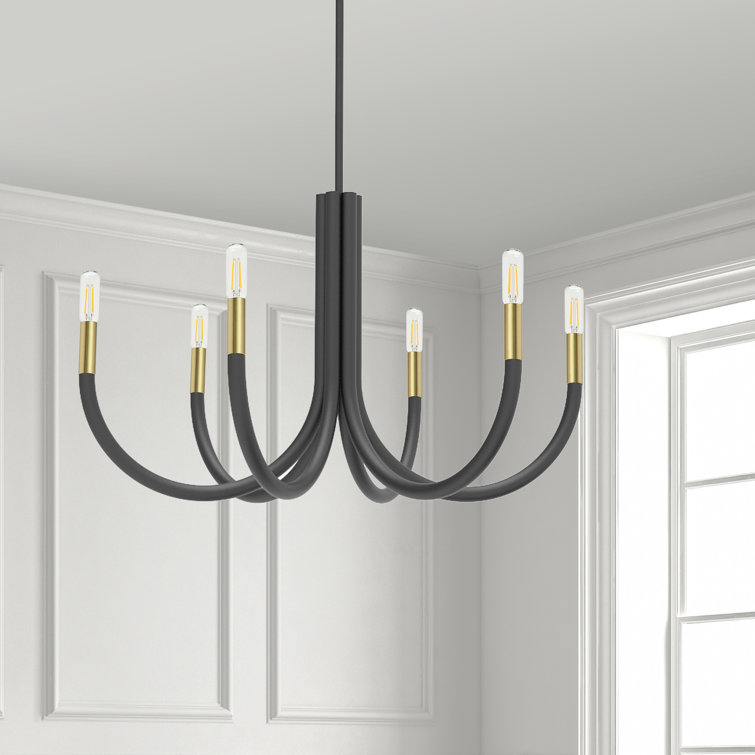 Elegant Matte Black 28" Modern Candlestick Chandelier with Brass Accents