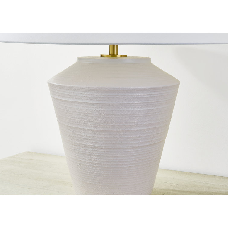 White Linen Shade Aged Brass Ceramic Table Lamp