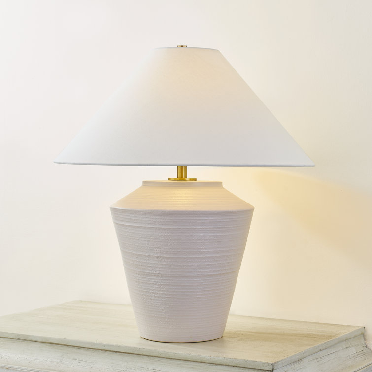 White Linen Shade Aged Brass Ceramic Table Lamp