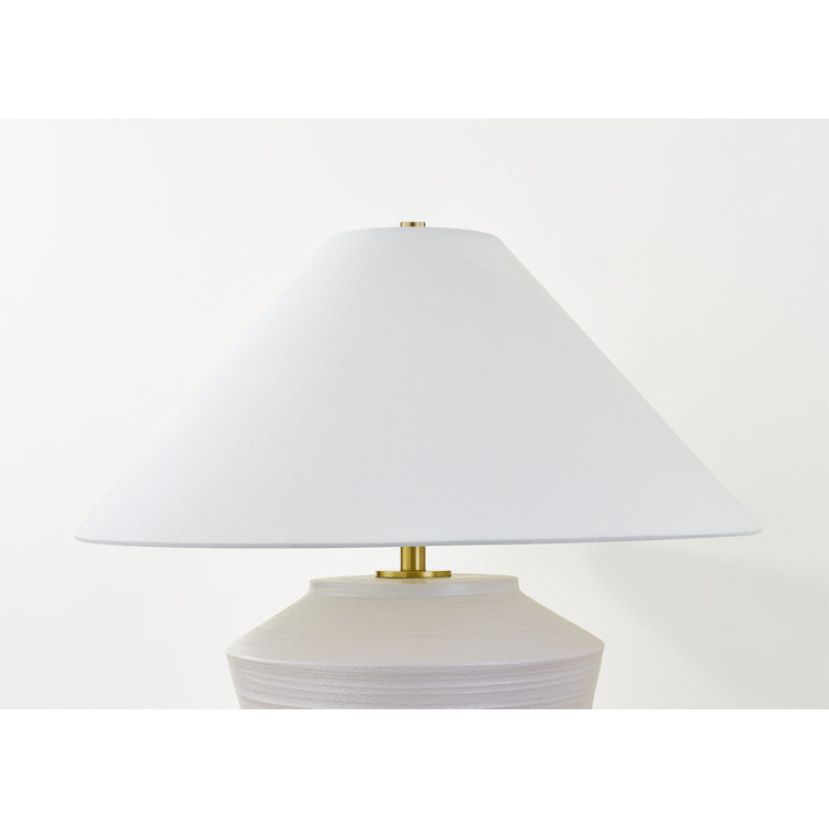 White Linen Shade Aged Brass Ceramic Table Lamp