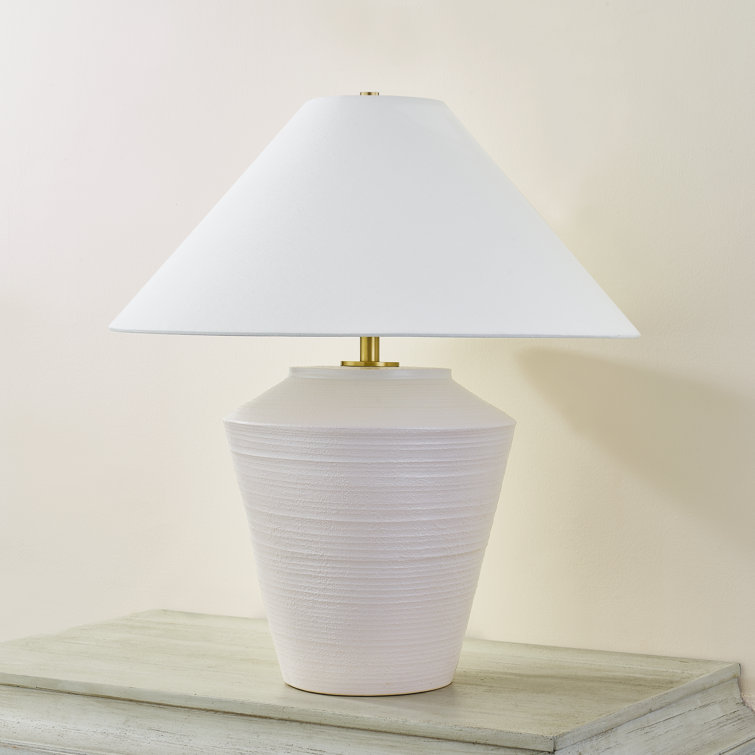 White Linen Shade Aged Brass Ceramic Table Lamp