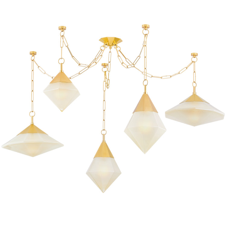Vintage Polished Brass 5-Light Chandelier with Clear Glass Shades