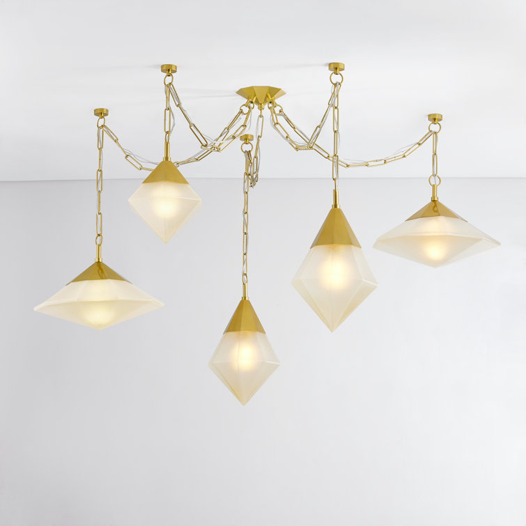 Vintage Polished Brass 5-Light Chandelier with Clear Glass Shades