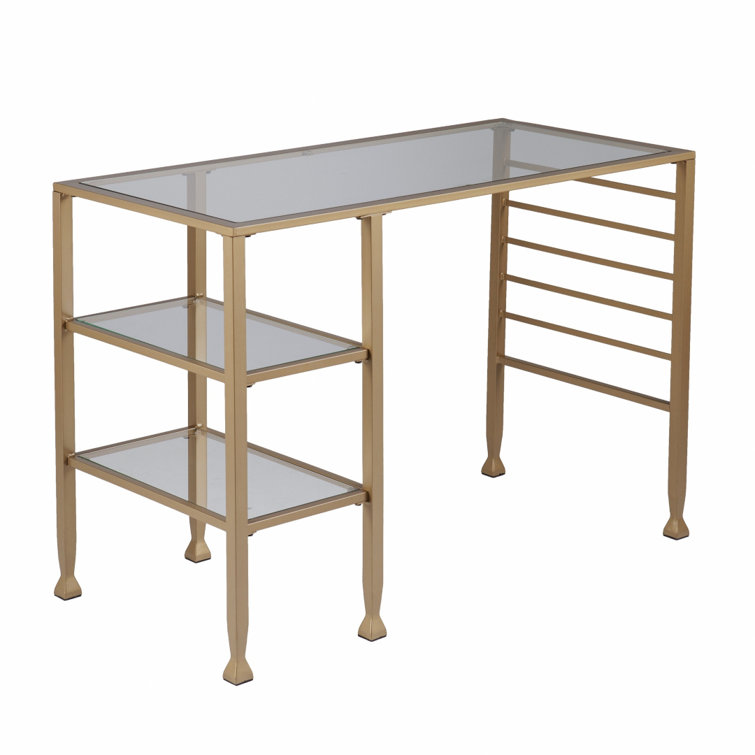 Sleek Matt Gold & Tempered Glass Writing Desk with Open Shelves
