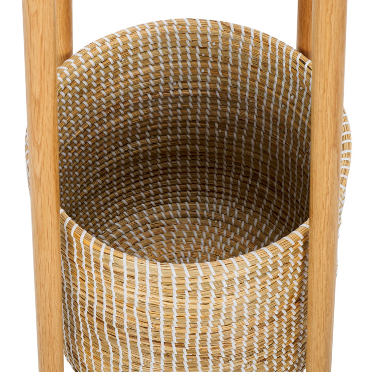 Natural Oak Coat Rack with Woven Basket and Eight Hooks