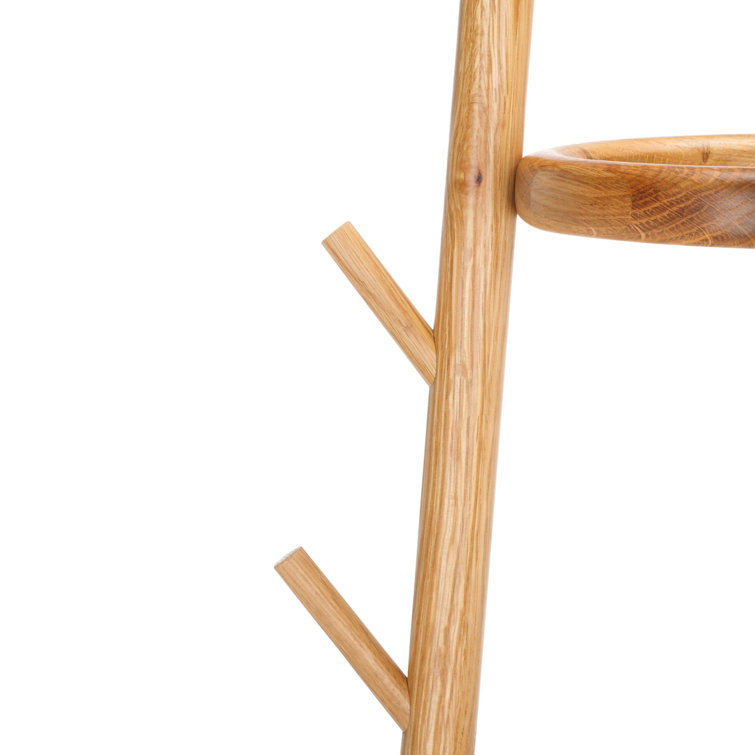 Natural Oak Coat Rack with Woven Basket and Eight Hooks