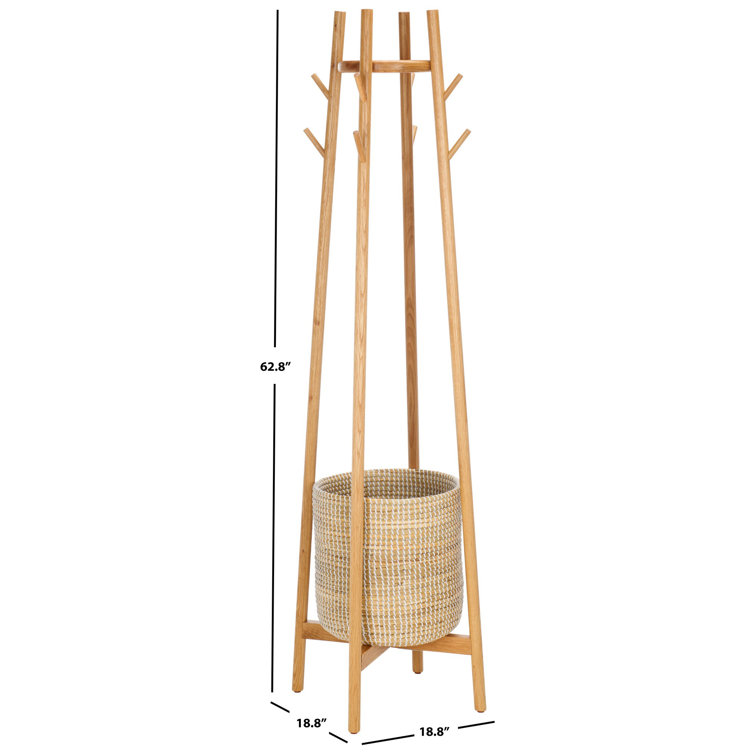 Natural Oak Coat Rack with Woven Basket and Eight Hooks