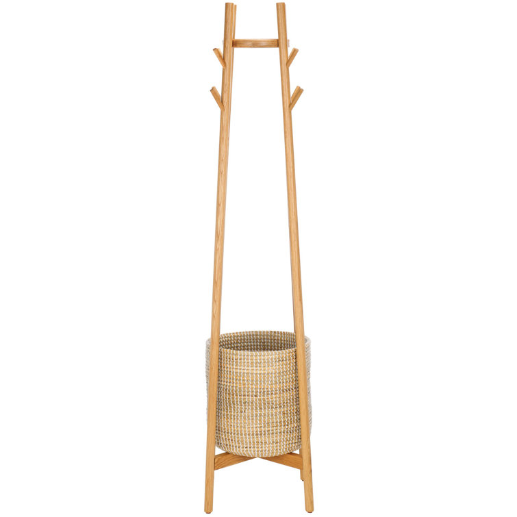 Natural Oak Coat Rack with Woven Basket and Eight Hooks