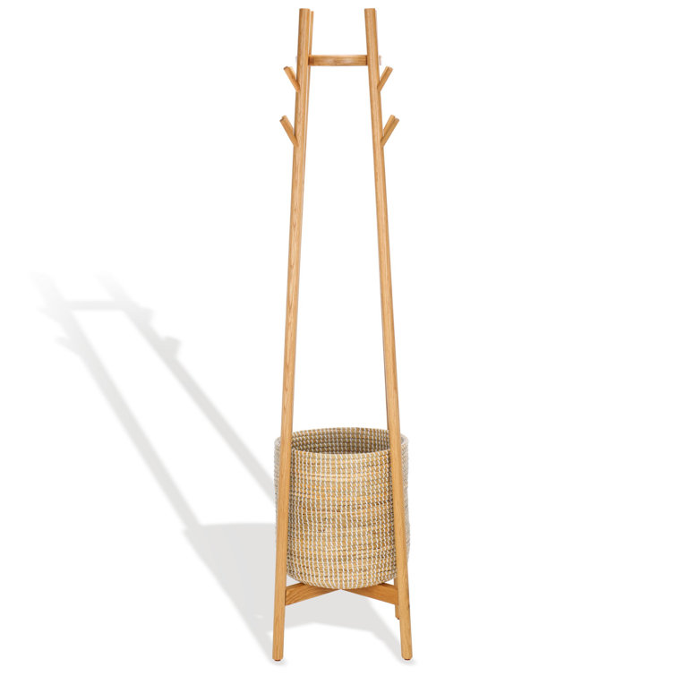 Natural Oak Coat Rack with Woven Basket and Eight Hooks