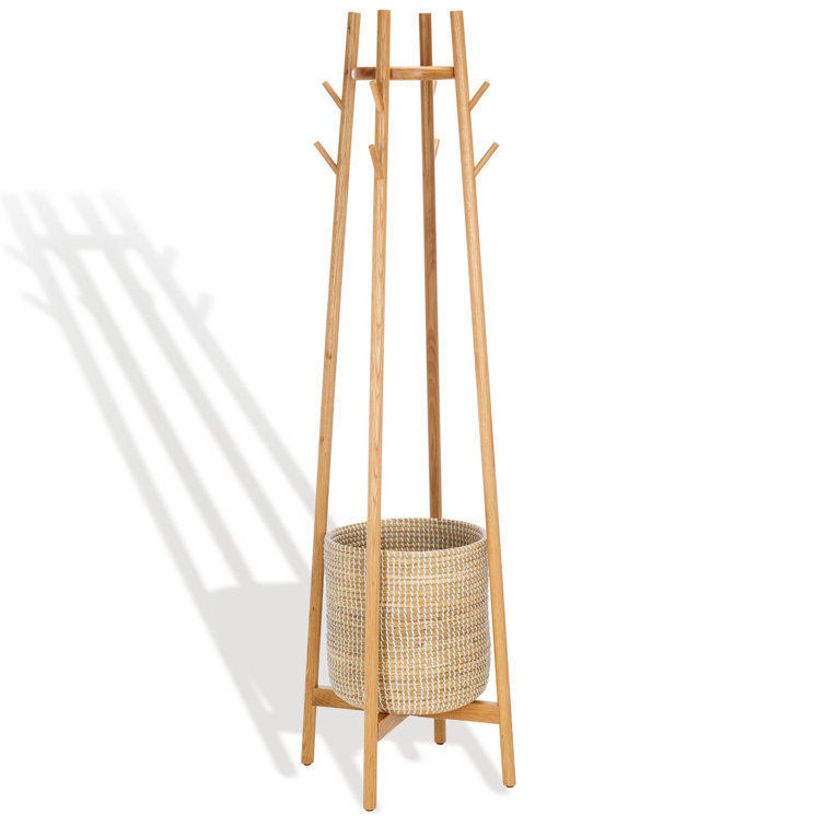 Natural Oak Coat Rack with Woven Basket and Eight Hooks