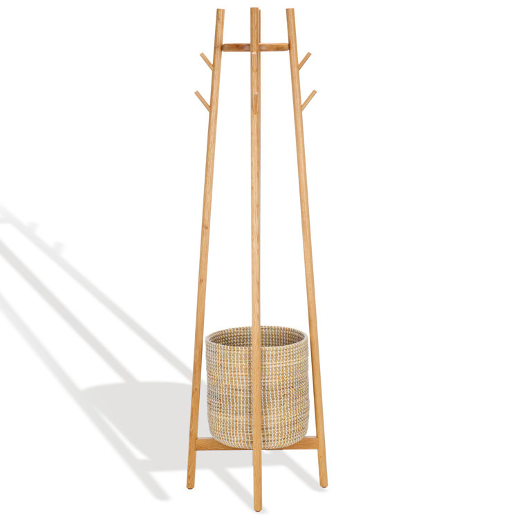Natural Oak Coat Rack with Woven Basket and Eight Hooks