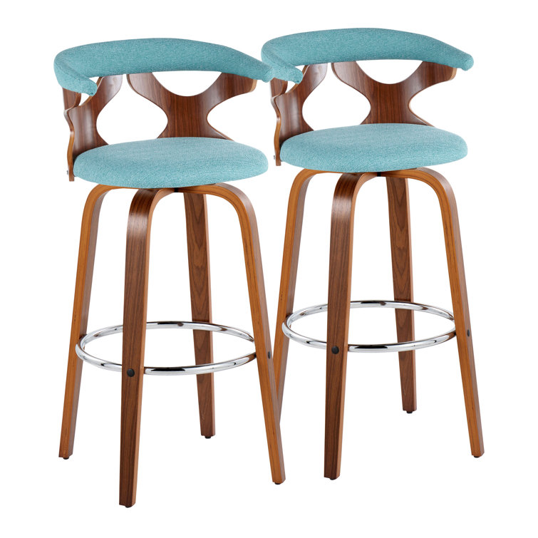 Blue Swivel Upholstered Wood and Metal Barstools, Set of 2