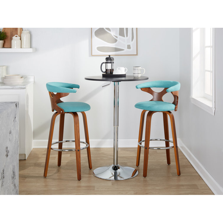 Blue Swivel Upholstered Wood and Metal Barstools, Set of 2