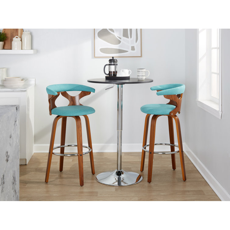 Blue Swivel Upholstered Wood and Metal Barstools, Set of 2