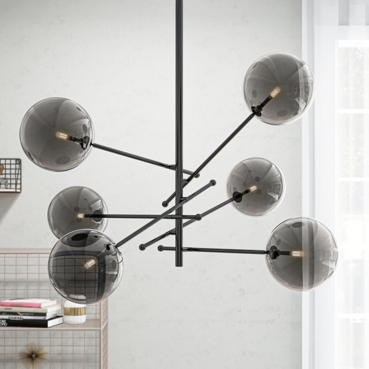 Mid-Century Modern Black Sputnik Chandelier with Smoked Glass Globes