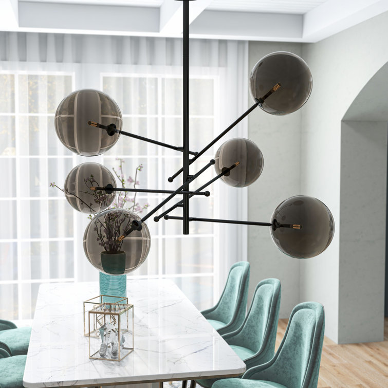 Mid-Century Modern Black Sputnik Chandelier with Smoked Glass Globes
