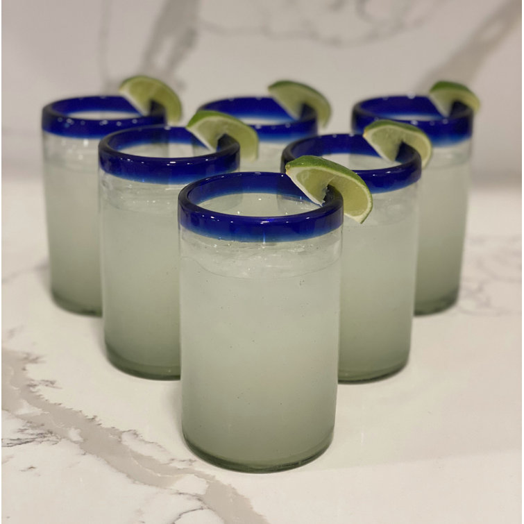 Hand Blown Mexican Glasses with Blue Rim - Set of 6