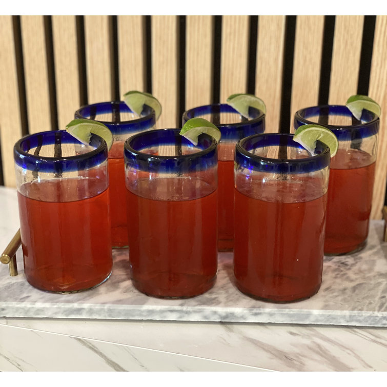 Hand Blown Mexican Glasses with Blue Rim - Set of 6