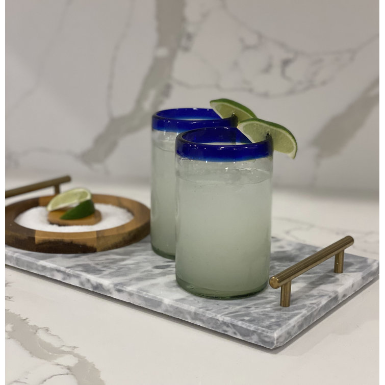 Hand Blown Mexican Glasses with Blue Rim - Set of 6