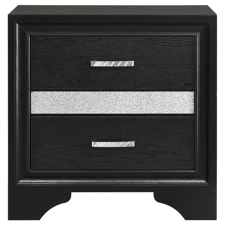 Contemporary Black 2-Drawer Nightstand with Rhinestone Handles