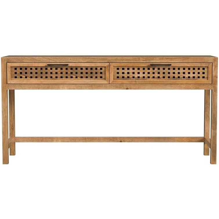 Coastal Charm 60'' Brown Mango Wood Console Table with Mirrored Fretwork