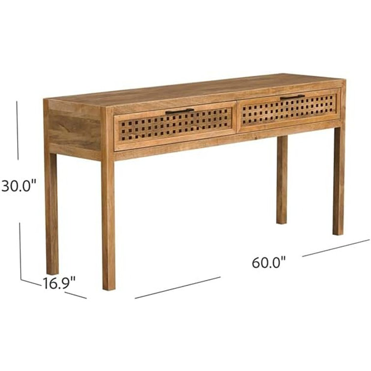 Coastal Charm 60'' Brown Mango Wood Console Table with Mirrored Fretwork