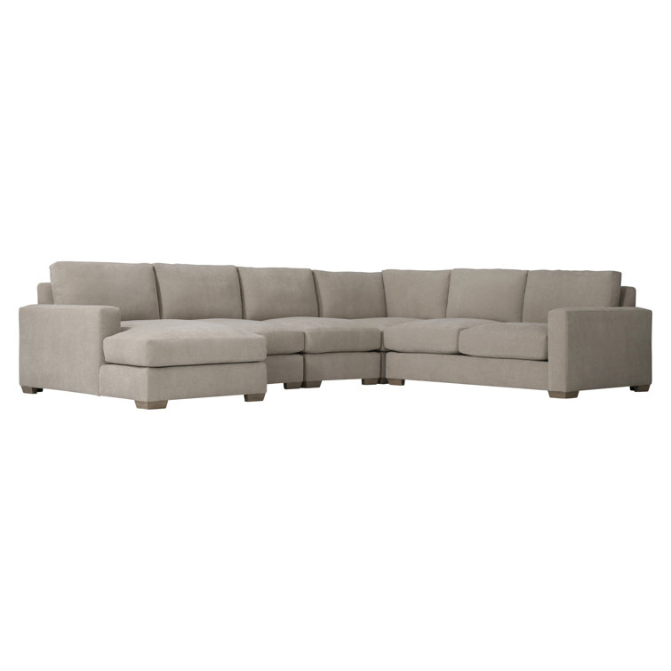 Beige Fabric Pillow Back Sectional Sofa with Track Arms