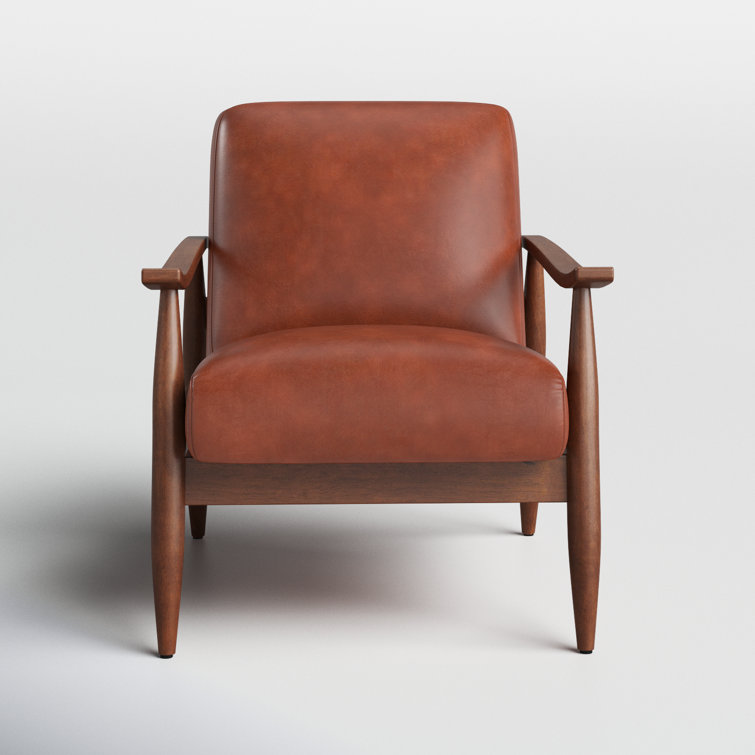 Mid-Century Modern Caramel Leather Gel Accent Chair with Wooden Arms