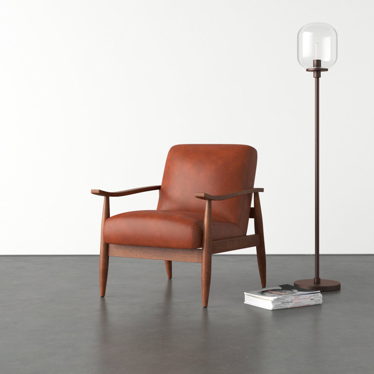 Mid-Century Modern Caramel Leather Gel Accent Chair with Wooden Arms