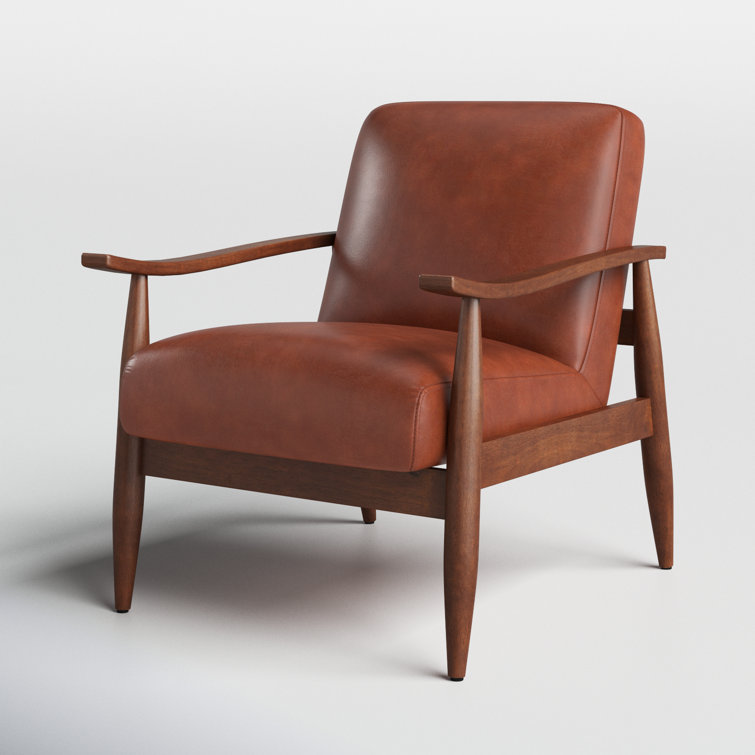 Mid-Century Modern Caramel Leather Gel Accent Chair with Wooden Arms
