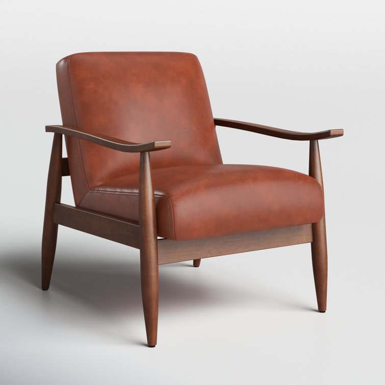Mid-Century Modern Caramel Leather Gel Accent Chair with Wooden Arms
