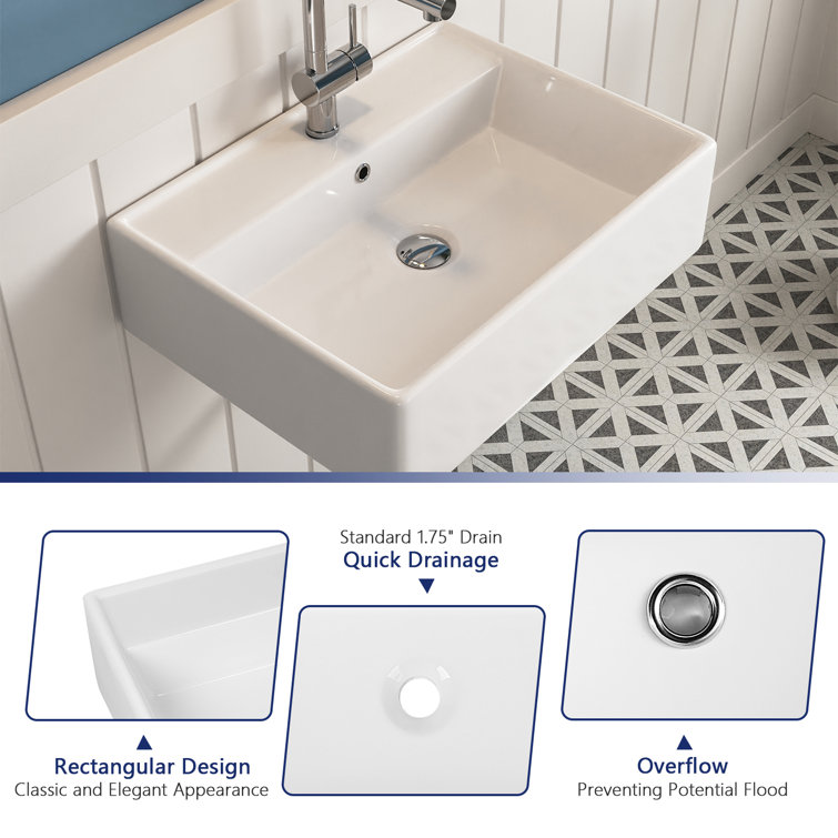 23'' White Ceramic Rectangular Wall-Mount Bathroom Sink