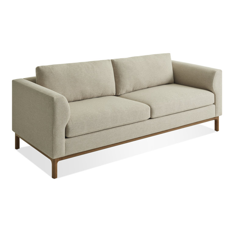 Sanford Oatmeal 96" Velvet Sofa with Walnut Legs