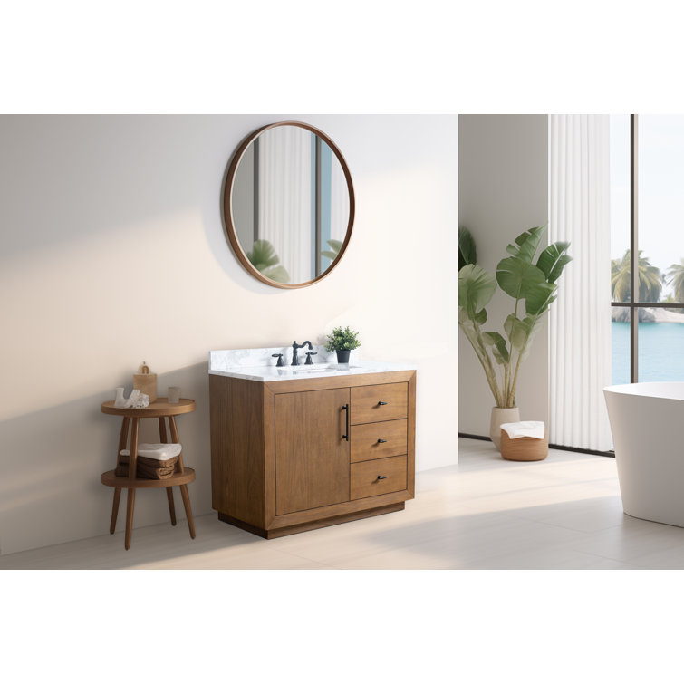 42" Tan Poplar Wood Single Bathroom Vanity with Marble Top