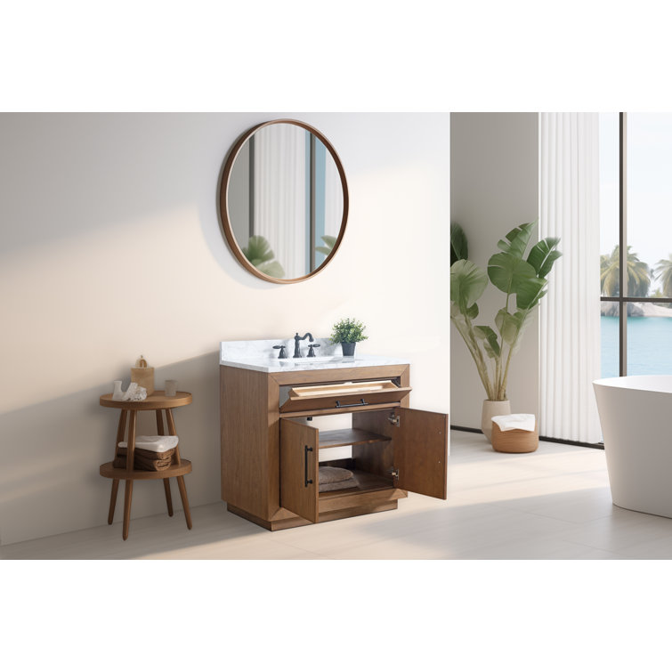 36" Tan Poplar Wood Bathroom Vanity with White Marble Top
