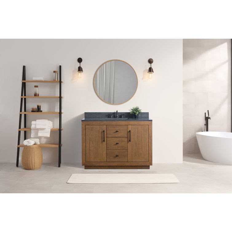 48" Tan Poplar Wood Bathroom Vanity with Black Limestone Top