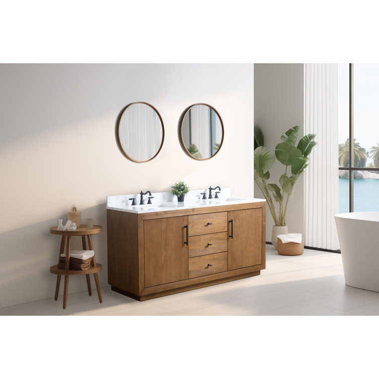 72" Tan Poplar Wood Double Sink Vanity with Arabescato White Marble Top